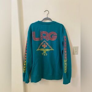 LRG Lifted Research Group Teal Green Tribal Graphic Crewneck Sweatshirt Size XL